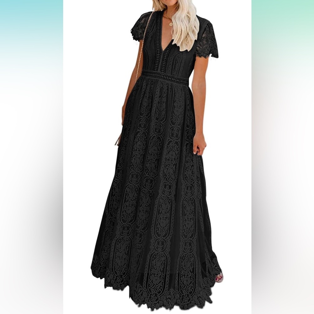 Women's V Neck Short Sleeve Floral Lace Dress